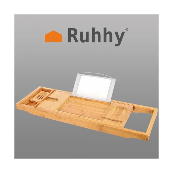 Állítható (75–112 cm) bambusz kádpolc könyv/tablet tartóval, pohárhellyel