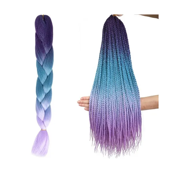 Szintetikus ombre hajfonó póthaj, kék-lila, 60 cm, hőálló