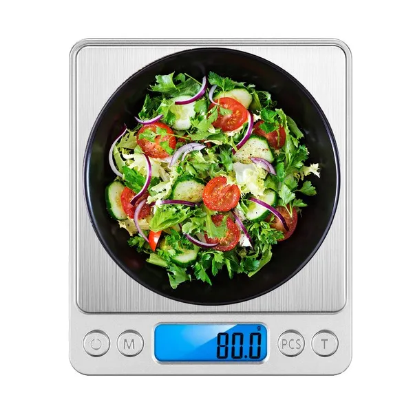 Konyhai digitális mérleg 500 g/0,01 g, LCD, tára, 2 kivehető tál