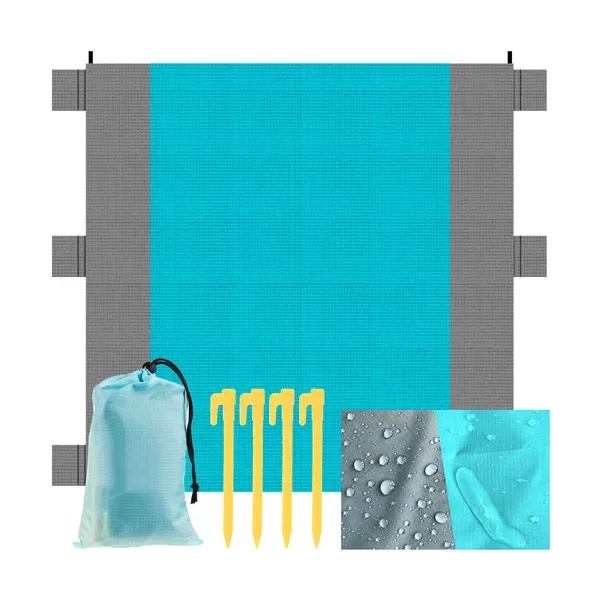Trizand strand/piknik takaró 208×208 cm, vízálló, cövekek, zsebek – kék-szürke