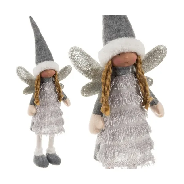 Karácsonyi álló tündér figura, szürke-fehér, 40 cm, csillámos szárnyakkal