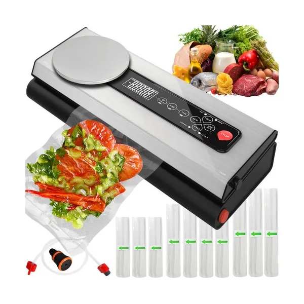 Vákuumfóliázó beépített mérleggel, -80 kPa, 120 W, 9 tekercs + 5 tasak