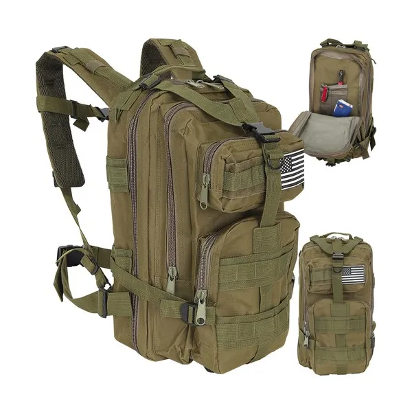 Zöld katonai túrahátizsák, 26 l, 44×28×16 cm, vízálló, MOLLE
