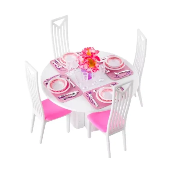 Bababútor készlet, 43 részes, asztal 4 székkel, 29 cm babákhoz, rózsaszín