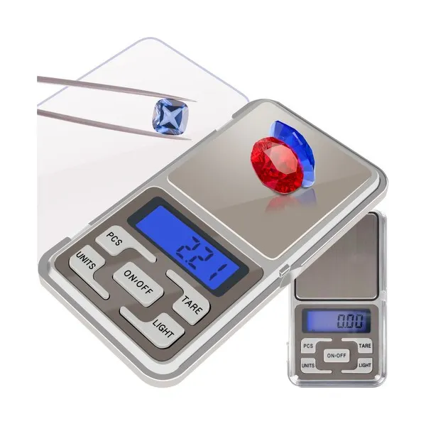 Zsebmérleg 200 g/0,01 g, rozsdamentes acél tálca, háttérvilágítás, 2×AAA