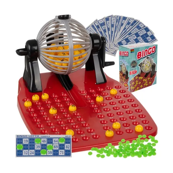 Családi Bingo társasjáték sorsológéppel, golyókkal és kártyákkal, 2+ játékos