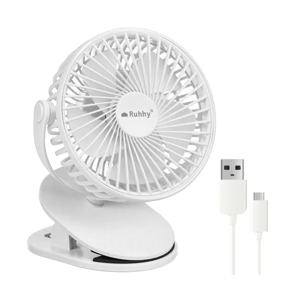 Ruhhy vezeték nélküli csíptetős asztali ventilátor, 1200 mAh, USB‑C, fehér