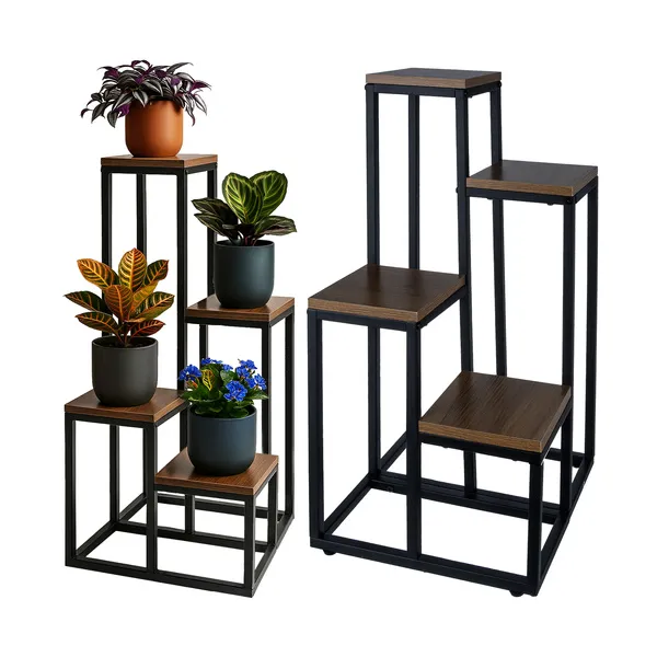 RUHHY loft álló virágtartó, 4 szintes, 69 cm, fekete fém, fa mintás polc