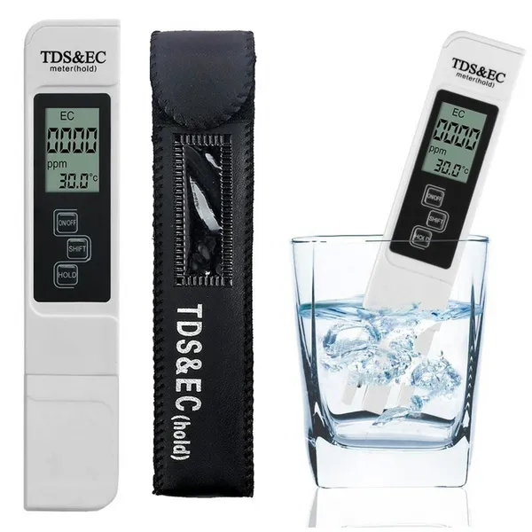 TDS/EC vízminőség‑mérő, LCD, 0–9999 ppm és µS/cm, hőmérséklet, fehér