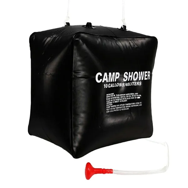 Napelemes kempingzuhany 40 l, függeszthető, fekete, 70 cm tömlő