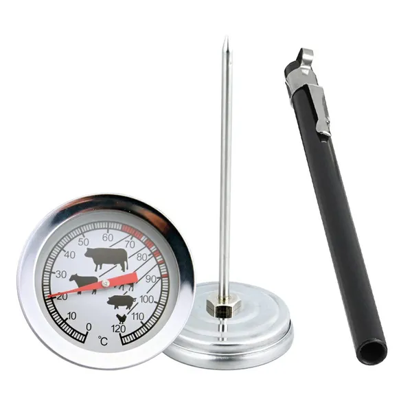 Analóg rozsdamentes húshőmérő klipsszel, 0–250 °C, grillhez és füstölőhöz