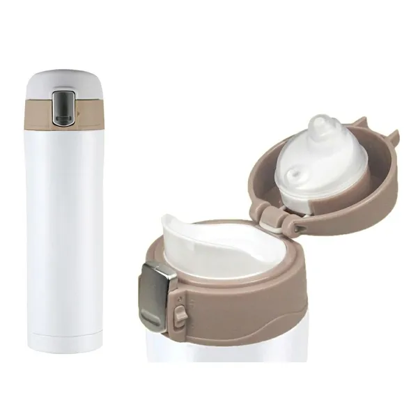 Rozsdamentes acél, duplafalú termoszbögre 450 ml, fehér, nyomógombos