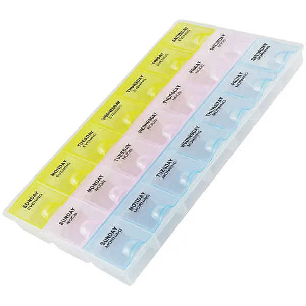 7 napos gyógyszeradagoló doboz, napi 3 rekesszel, PP, többszínű, 21,5×9,3×2,3 cm