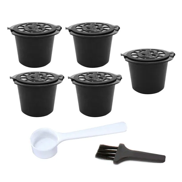 5 db újratölthető kávékapszula Nespresso-hoz, acélszűrő, 8 g, fekete