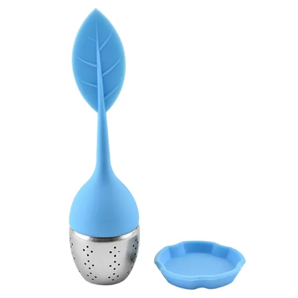 Levél alakú szilikon és rozsdamentes tea- és gyógynövény-szűrő, kék, 14 cm