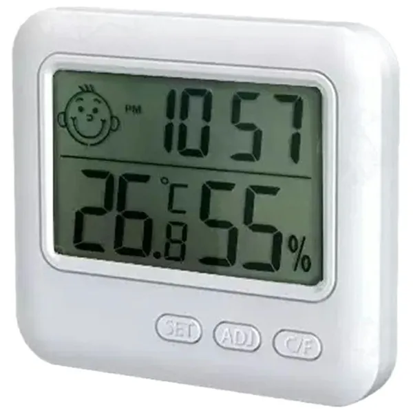 Beltéri digitális hőmérő-higrométer LCD-vel, óra/ébresztő, fehér