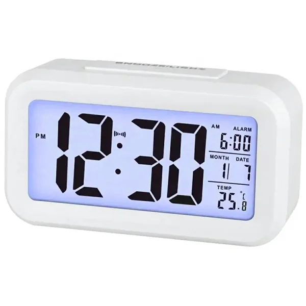 Digitális ébresztőóra LCD-vel, kék háttérvilágítás, hőmérő, fehér, 12/24h
