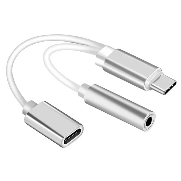 USB‑C–3,5 mm jack + USB‑C töltő audio átalakító, 13 cm, ezüst