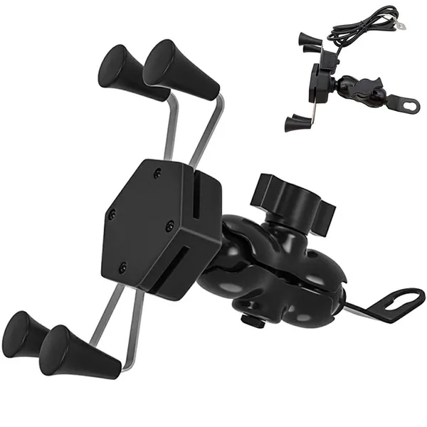 Univerzális motorkerékpár telefontartó USB töltővel, 12V, 360°