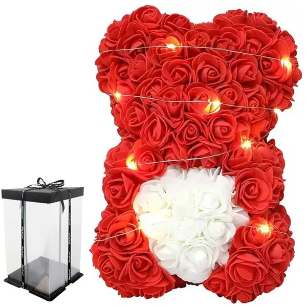 Rózsamaci szívvel, LED világítással, 23 cm, piros-fehér