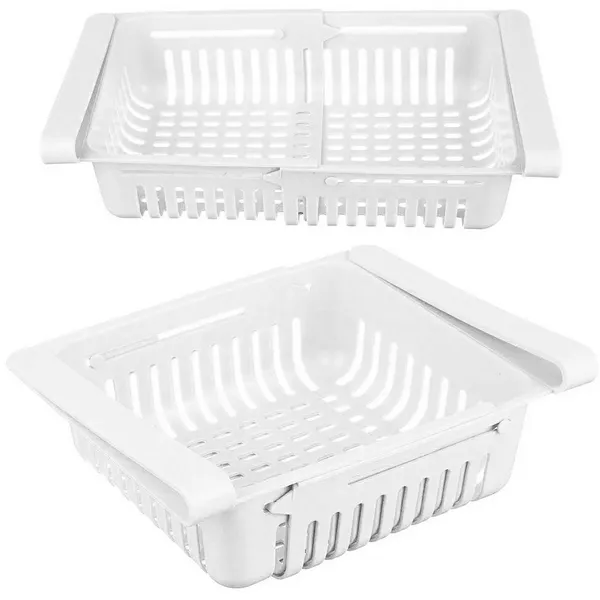 Állítható hűtőszekrény fiókszervező, polcra rögzíthető, 20–28 cm, fehér, PP