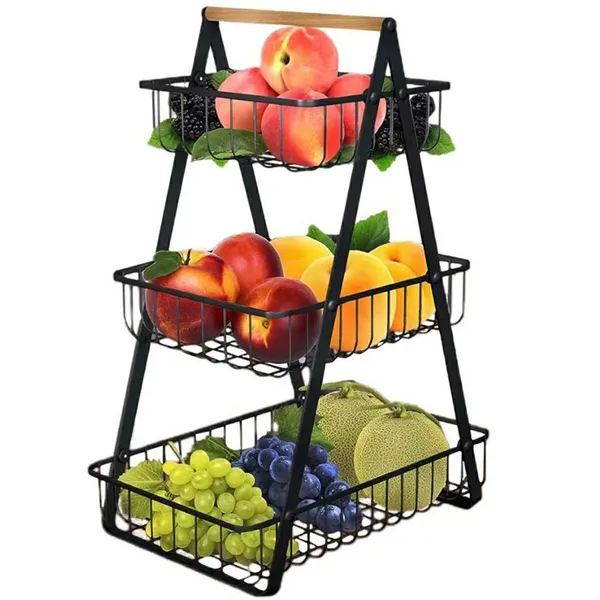 Háromszintes fém tároló kosár, fekete, fa fogantyú, 49 cm