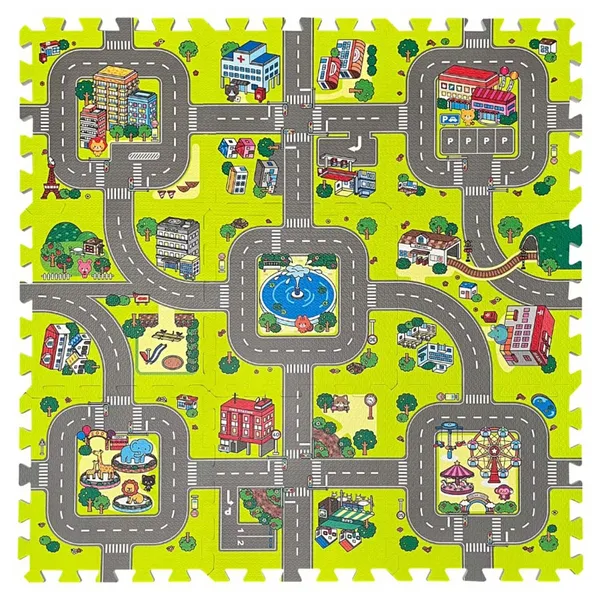 Gyerek EVA hab játszószőnyeg puzzle, város mintás, 9 db, 32x32 cm, 10 mm