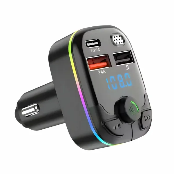 Autós Bluetooth 5.0 FM transzmitter, USB‑A+USB‑C 3.4A, microSD, LCD, RGB