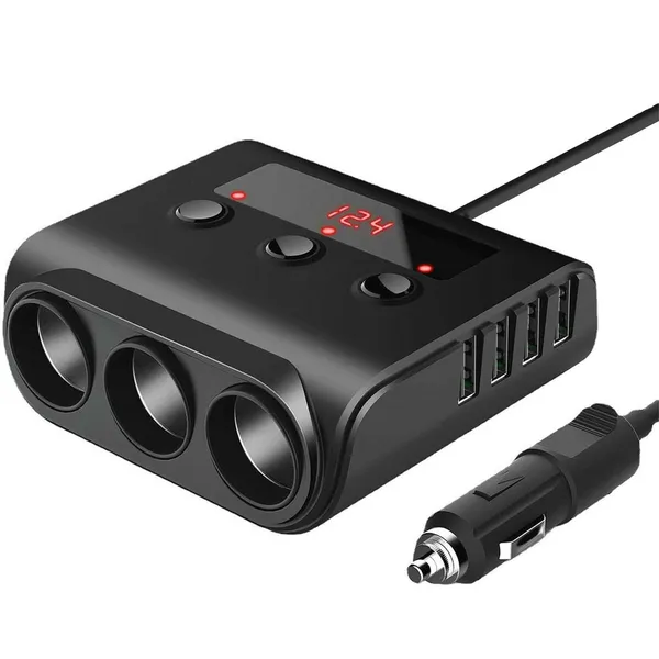 Autós szivargyújtó elosztó 3 aljzattal + 4x USB, voltmérő, 12–24V, 120W