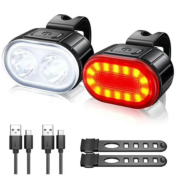 Kerékpár lámpaszett első-hátsó, LED, USB, 300 lm, IPX4, fekete