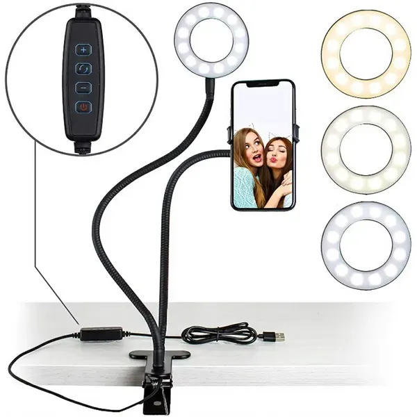 LED szelfi körlámpa 9 cm, 3 színhőmérséklet, USB, csíptetős, rugalmas kar