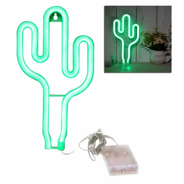 LED neon kaktusz dekorlámpa, falra akasztható, USB/AA, zöld, 26 cm